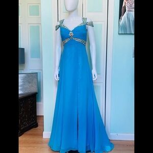Size 4 Panoply 14617 Aqua Off Shoulder AB Beads Open Back with Slit Prom Dress